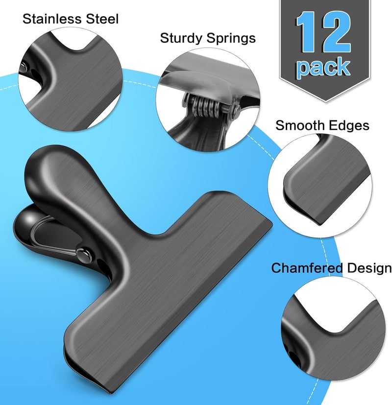 WUDIME 12 Pack Stainless Steel Chip Clips, Bag Clips for Food, Heavy Duty Chip Bag Clip for Kitchen and Office to Seal Coffee Bags, Paper Sheets, Metal Clip Air Tight Seal-3 Inches(Black) - Image 3